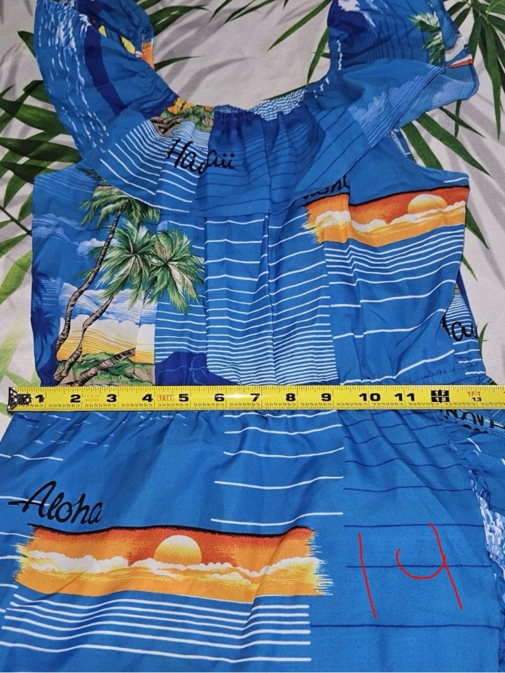 Vintage 70s Shoreline Hawaii Blue Tropical Off Shoulder Ruffle Midi Dress SMALL - Picture 6 of 7